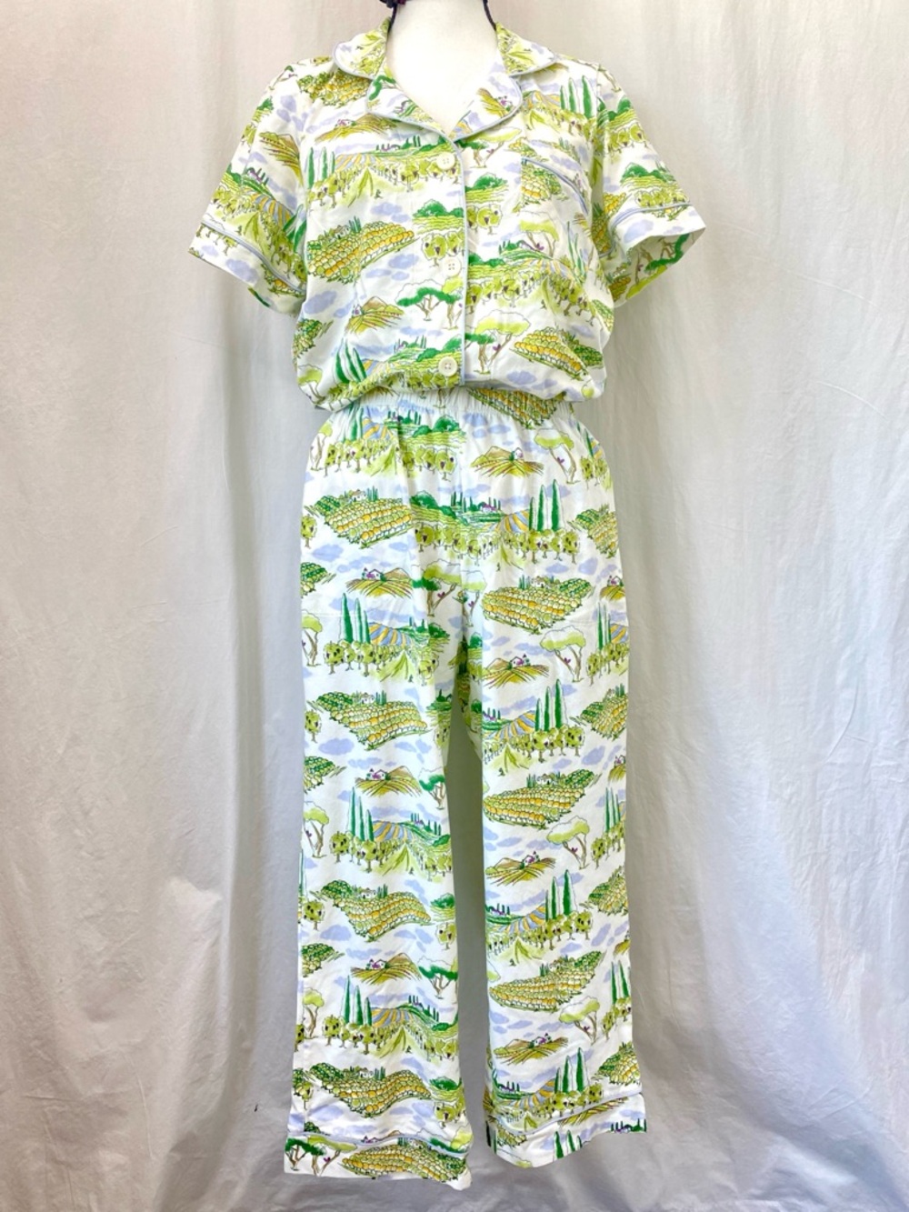 BedHead Pajamas "Wine Country" vineyard Green White Stretch Jersey Cropped MED - Picture 3 of 17